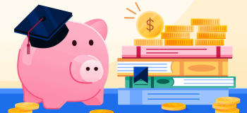 An illustration of a piggy bank with a grad cap on sitting beside a pile of books.