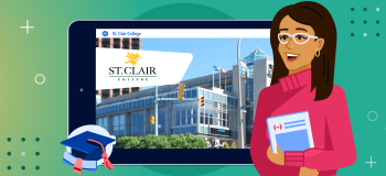 An illustration of a smiling student preparing to study in Canada, with a photo of St. Clair College for the Arts featured on a tablet.