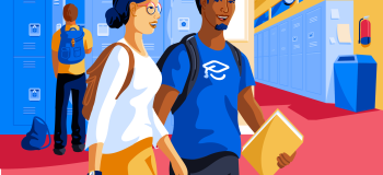 A graphic image of a female and male student walking down a school hallway.
