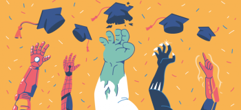 Superheroes throwing graduation caps in the air