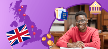 A purple banner with a stylized map of the United Kingdom covered in pins, representing the institutions with TEF results in 2023, next to a photo of a smiling student in red.