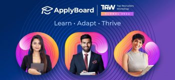 Three recruitment professionals on a purple backdrop, featuring the text Top Recruiters Workshop (TRW) Global 2024: Learn, Adapt, Thrive.