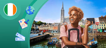An illustration of a student holding a suitcase in front of a city in Ireland, with images of the Ireland flag, a stamped passport, airplane tickets, and a globe.