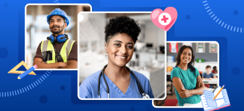 Photographs of a construction worker, nurse, and office worker against a blue illustrated background.
