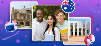 Two multi-storey university buildings in a collage with three international students in their early 20s, representing students at top-ranked Australian universities