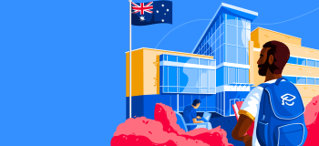 Illustration of male student in front of school with Australian flag