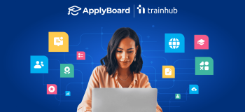 A photo of a woman on her laptop, engaged in the training she sees there, surrounded by colourful squares and icons representing all she has to gain by the integration between TrainHub and the ApplyBoard Platform.