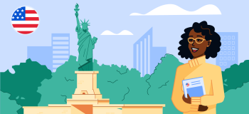 An illustration of an international student holding her books in the United States, with the Statue of Liberty behind her, and an image of the American flag.