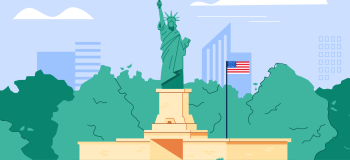 Illustration of New York's Statue of Liberty with an American flag and buildings in the background.