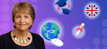 A banner image of ApplyBoard UK Advisory Board member Wendy Alexander next to education-themed icons such as a globe, graduation caps, and a graduation diploma, as well as the Union Jack.