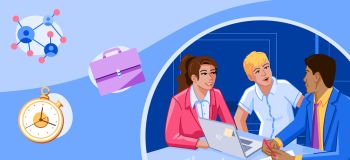 An illustration of three students gathered around a laptop discussing ChatGPT. Small illustrations of a network node, briefcase, and stopwatch at left.