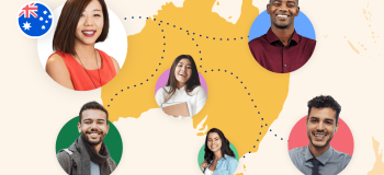 An illustration of women and men's faces overlaid on a map of Australia, with an Australian flag in the background.