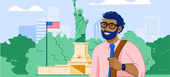 An illustration of a student standing in front of the statue of liberty.