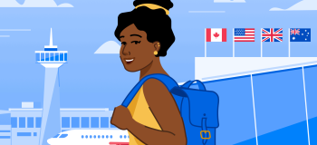An illustration of a woman arriving at Toronto's International Airport.