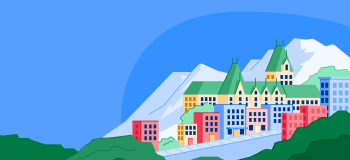 Illustration of Quebec's mountains and buildings.