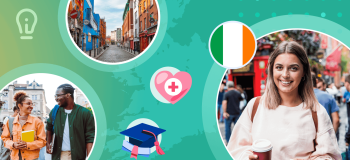 Illustrations of students in Ireland, with a background of spot images of graduation caps, the Ireland flag, and a heart with a medical cross.