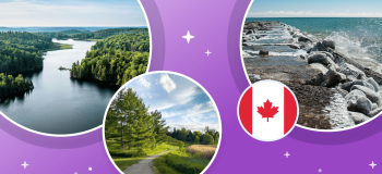 A mix of an illustration of a Canadian flag and photos of beautiful places in Ontario.