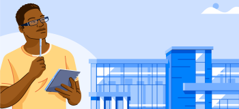 An illustration of a student holding a pen and paper standing in front of an academic institution.