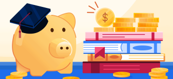 An illustration of a yellow pig with a grad hat on standing beside a pile of books with coins sitting on top.