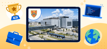 A photo of the university of waterloo merged with graphics.