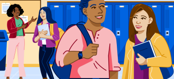 An illustration of four different students standing in a school hallway chatting with one another.