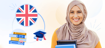 An illustration of a female student with Britain's flag, grad hat, and books graphic behind her..